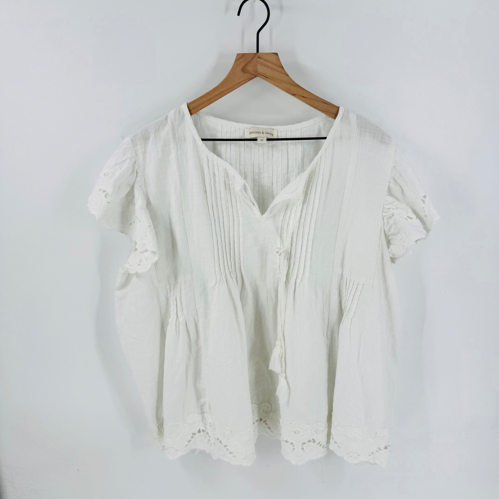 Jennifer & Grace Blouse White 100% Cotton Size 3X Boho Eyelet Lace Pintuck